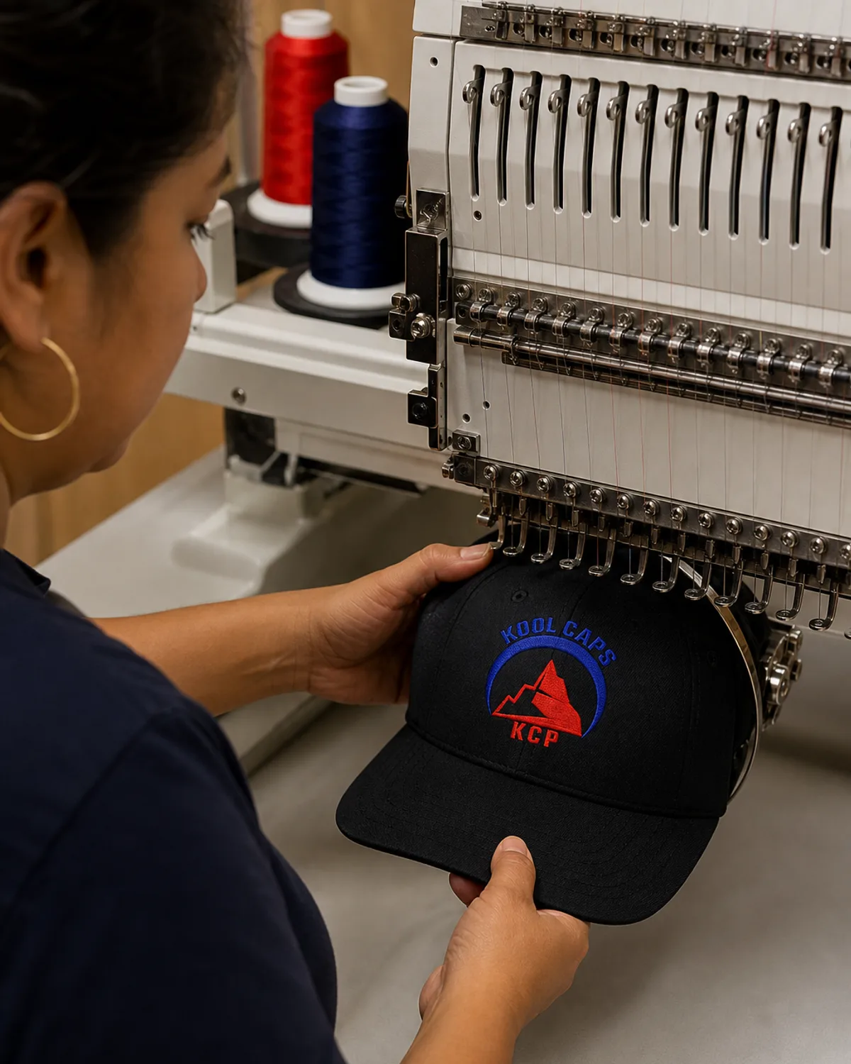 Manos sosteniendo una gorra bordada frente a la bordadora