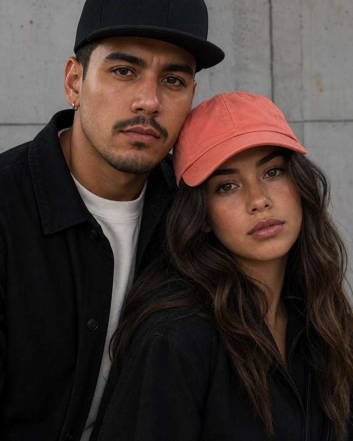 Dos personas con gorras en un retrato urbano