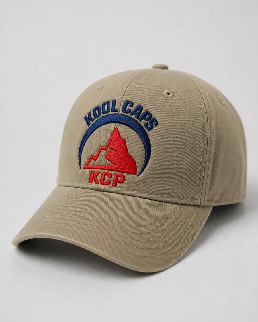 Gorra caqui con el logotipo de Kool Caps bordado en azul y rojo