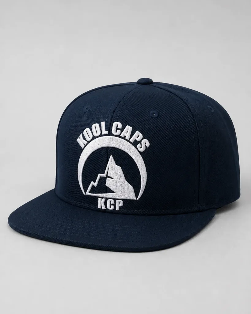 Gorra azul marino con el logotipo de Kool Caps bordado en blanco