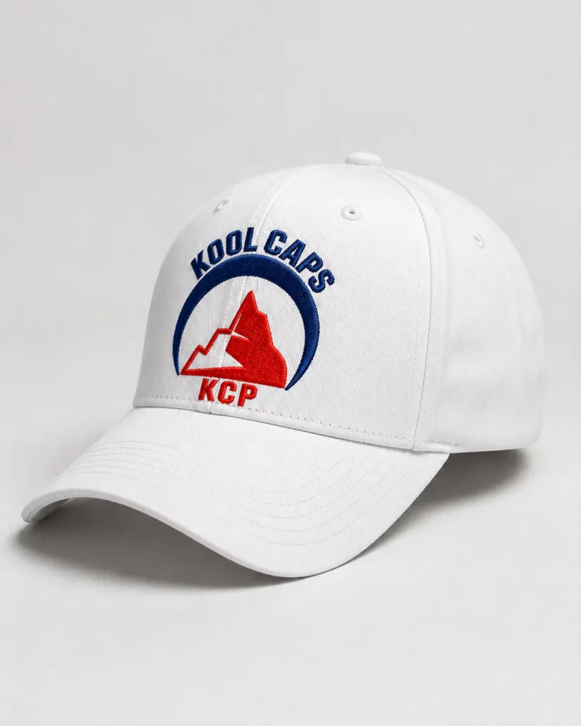 Gorra blanca con el logotipo de Kool Caps bordado en azul y rojo